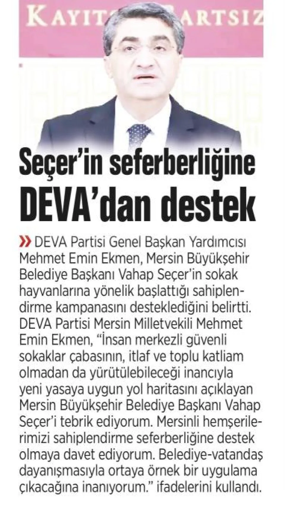 SEÇERİN SEFERBERLİĞİNE DEVA'DAN DESTEK — gazete kupürü