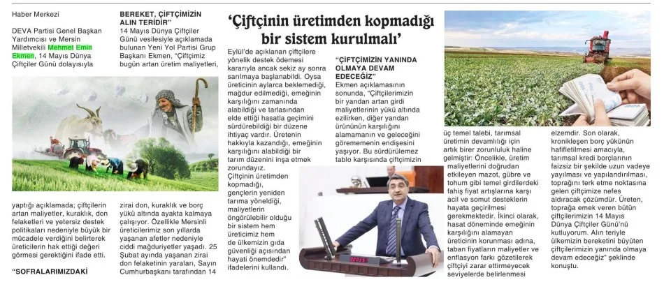 'ÇİFTÇİNİN ÜRETİMDEN KOPMADIĞI BİR SİSTEM KURULMALI' — gazete kupürü