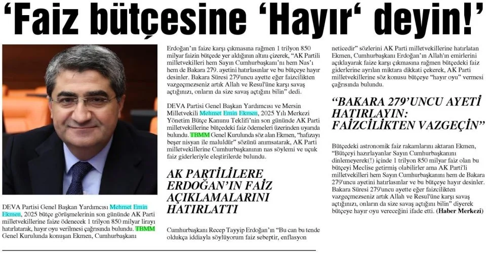 'FAİZ BÜTÇESİNE 'HAYIR' DEYİN!' — gazete kupürü