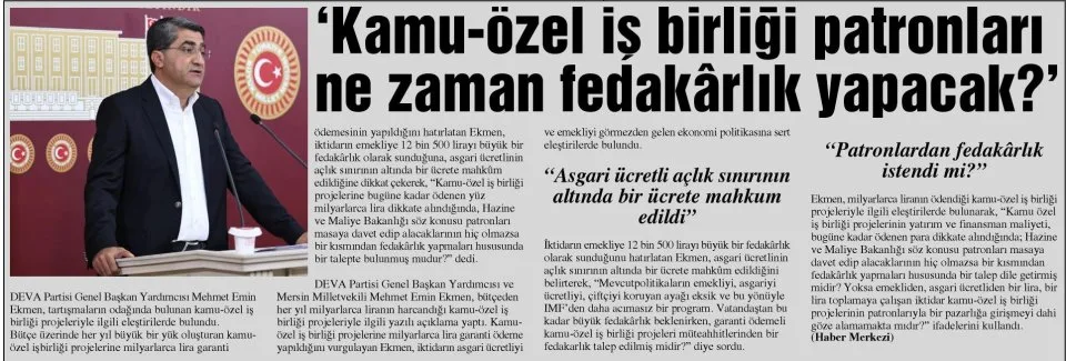 'KAMU-ÖZEL İŞ BİRLİĞİ PATRONLARI NE ZAMAN FEDAKÂRLIK YAPACAK?' — gazete kupürü