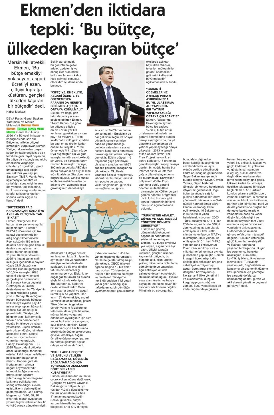EKMEN'DEN İKTİDARA TEPKİ: 'BU BÜTÇE, ÜLKEDEN KAÇIRAN BÜTÇE' — gazete kupürü