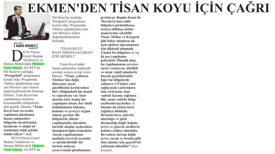 EKMEN'DEN TİSAN KOYU İÇİN ÇAĞRI — gazete kupürü