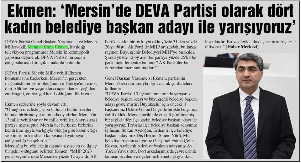 KMEN: MERSİN'DE DEVA PARTİSİ OLARAK DÖRT KADIN BAŞKAN ADAYI İLE YARIŞIYORUZ — gazete kupürü