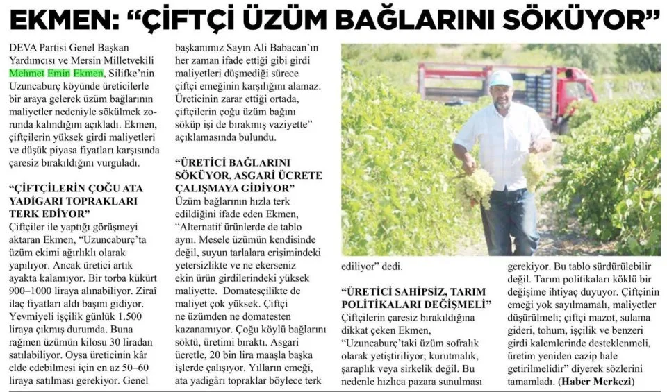 MERSİN ÜZÜM ÜRETİCİSİ ZOR DURUMDA — gazete kupürü