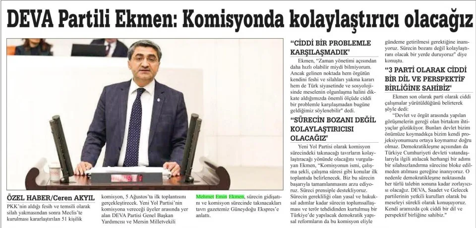 DEVA PARTİLİ EKMEN: KOLAYLAŞTIRICI OLACAĞIZ — gazete kupürü