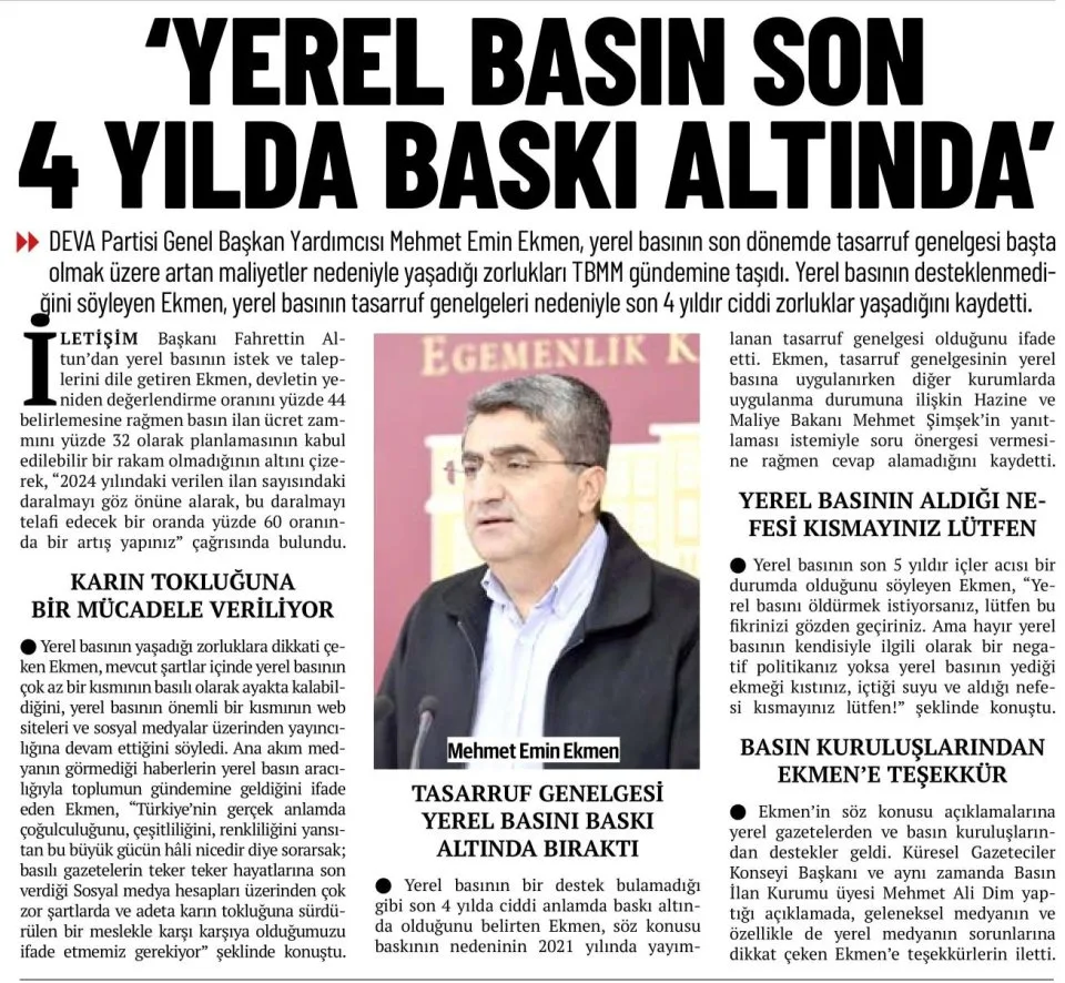 'YEREL BASIN SON 4 YILDA BASKI ALTINDA' — gazete kupürü