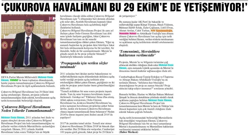 ÇUKUROVA HAVALİMANI BU 29 EKİME DE YETİŞEMİYOR!' — gazete kupürü