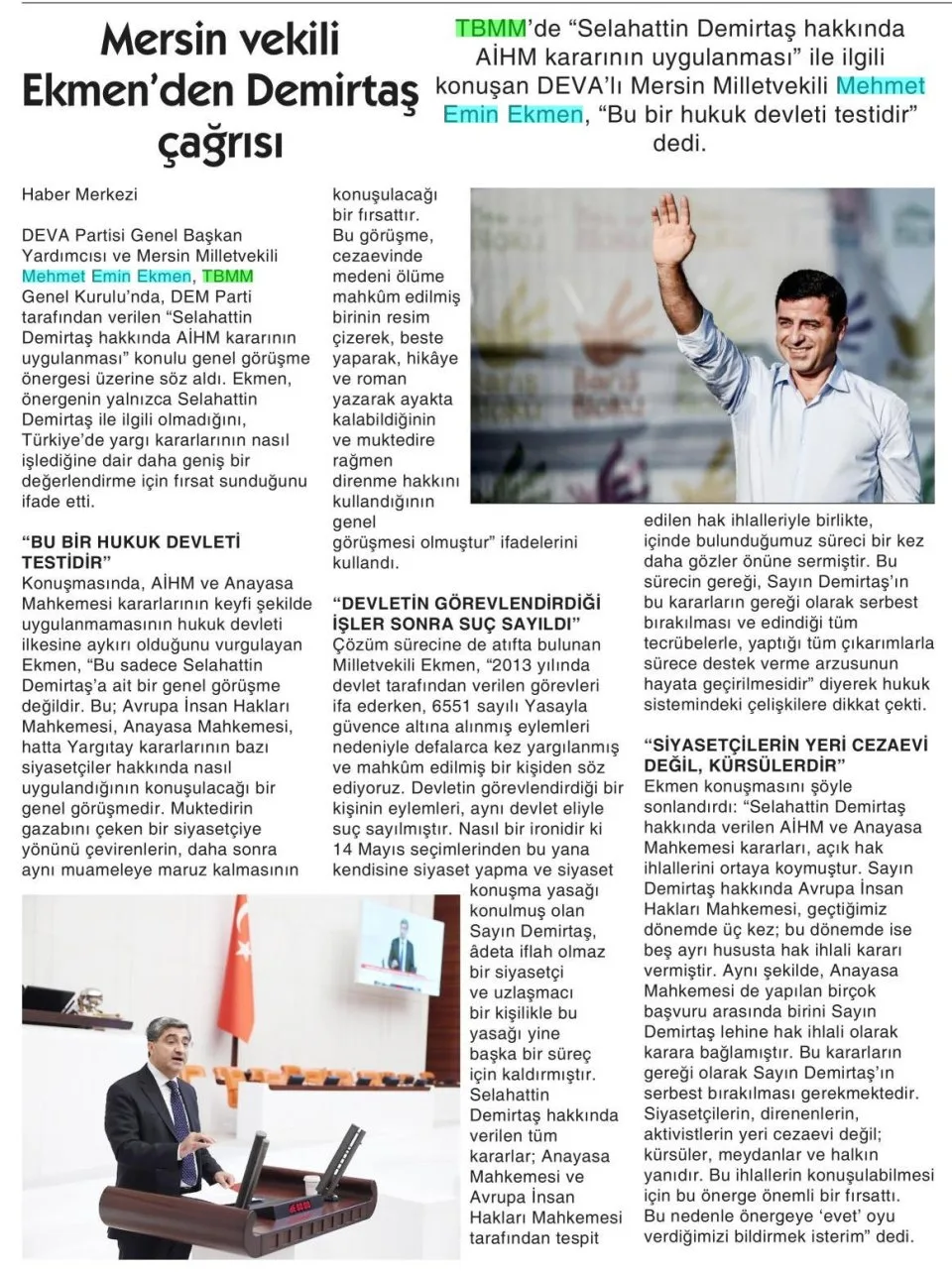 MERSİN VEKİLİ EKMEN'DEN DEMİRTAŞ ÇAĞRISI — gazete kupürü