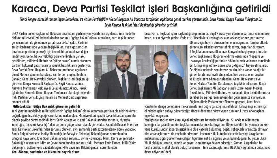 KARACA, DEVA PARTİSİ TEŞKİLAT İŞLERİ BAŞKANLIĞINA GETİRİLDİ — gazete kupürü