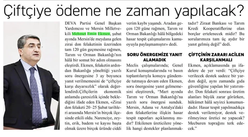 ÇİFTÇİYE ÖDEME NE ZAMAN YAPILACAK? — gazete kupürü
