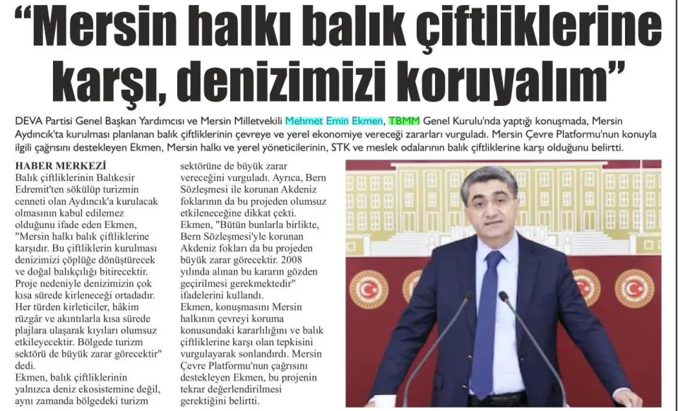 "MERSİN HALKI BALIK ÇİFTLİKLERİNE KARŞI, DENİZİMİZİ KORUYALIM" — gazete kupürü