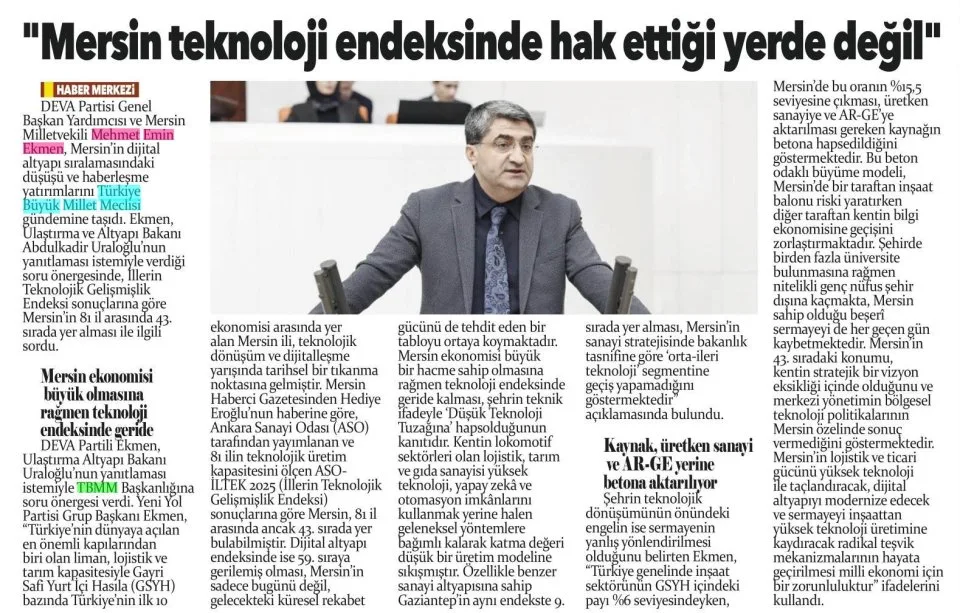 "MERSİN TEKNOLOJİ ENDEKSİNDE HAK ETTİĞİ YERDE DEĞİL" — gazete kupürü