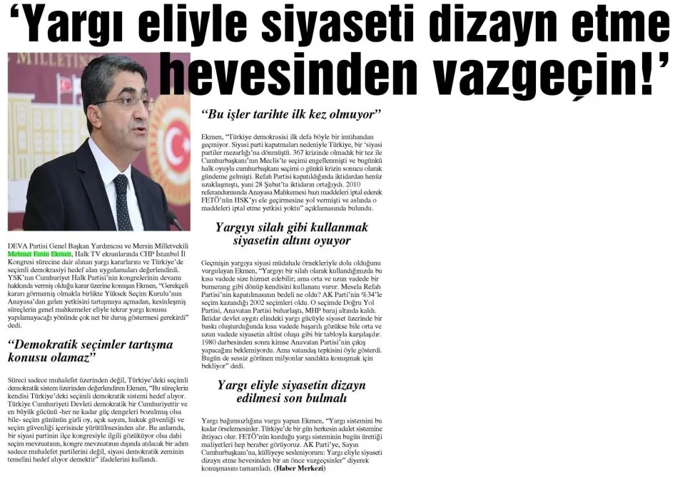 'YARGI ELİYLE SİYASETİ DİZAYN ETME SEVDASINDAN VAZGEÇİN!' — gazete kupürü