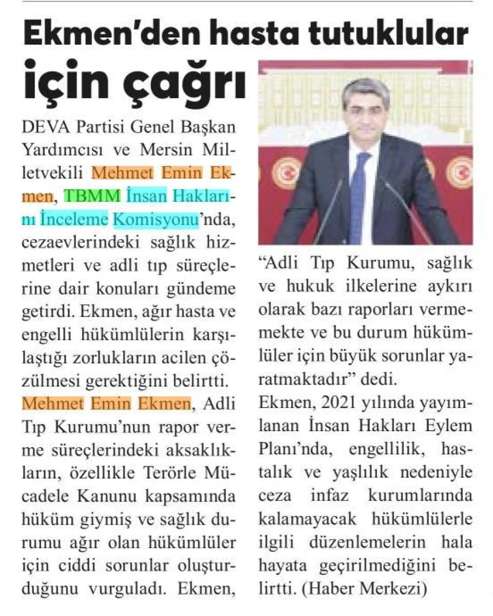 EKMEN'DEN HASTA TUTUKLULAR İÇİN ÇAĞRI — gazete kupürü