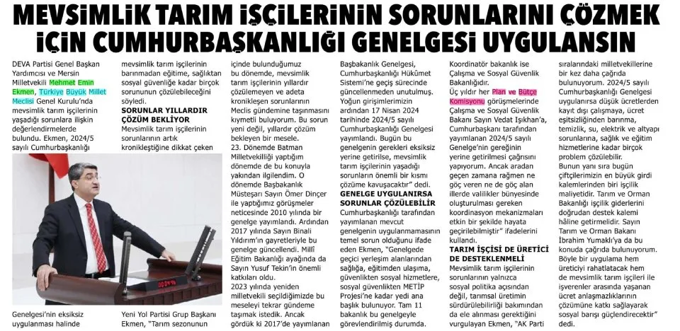 "MEVSİMLİK İSÇİLER İÇİN HAREKETE GEÇİN" — gazete kupürü