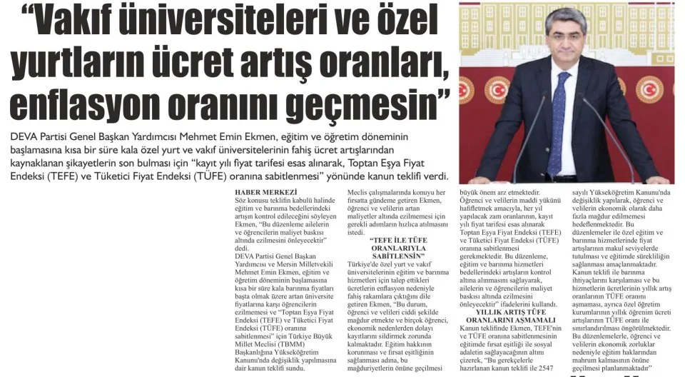 'VAKIF ÜNİVERSİTELERİ VE ÖZEL YURTLARIN ÜCRET ARTIŞ ORANLARI , ENFLASYON ORANINI GEÇMESİN'' — gazete kupürü