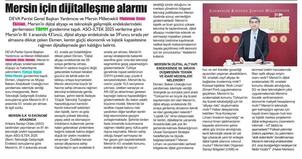 LOJİSTİK ÜSSÜ MERSİN'E DİJİTAL ALTYAPI ŞOKU — gazete kupürü