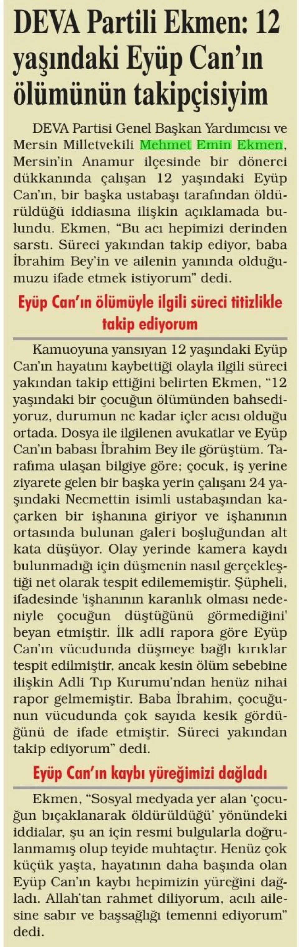 DEVA PARTİLİ EKMEN: 12 YAŞINDAKİ EYÜP CAN'IN ÖLÜMÜNÜN TAKİPÇİSİYİM — gazete kupürü