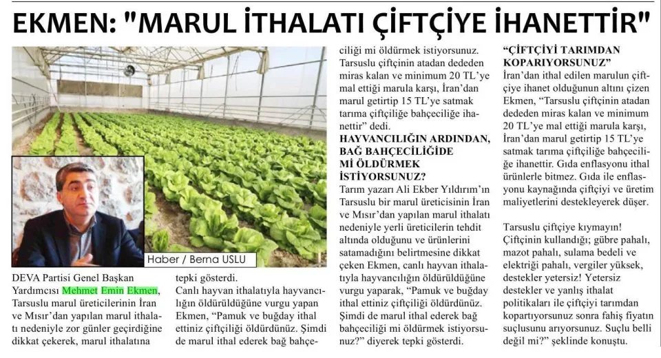 EKMEN MARUL İTHALATI ÇİFTÇİYE İHANETTİR — gazete kupürü