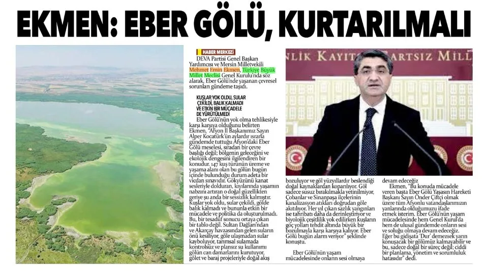 EKMEN EBER GÖLÜ KURTARILMALI — gazete kupürü