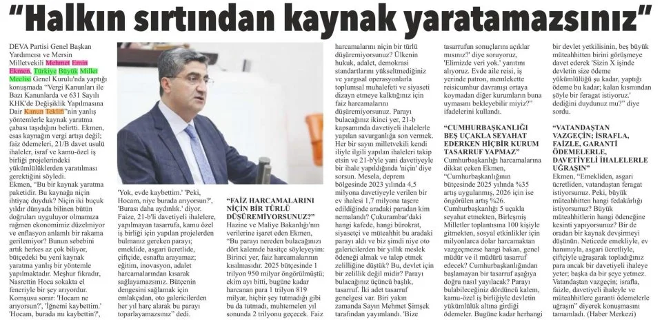 "HALKIN SIRTINDAN KAYNAK YARATAMAZSINIZ'' — gazete kupürü
