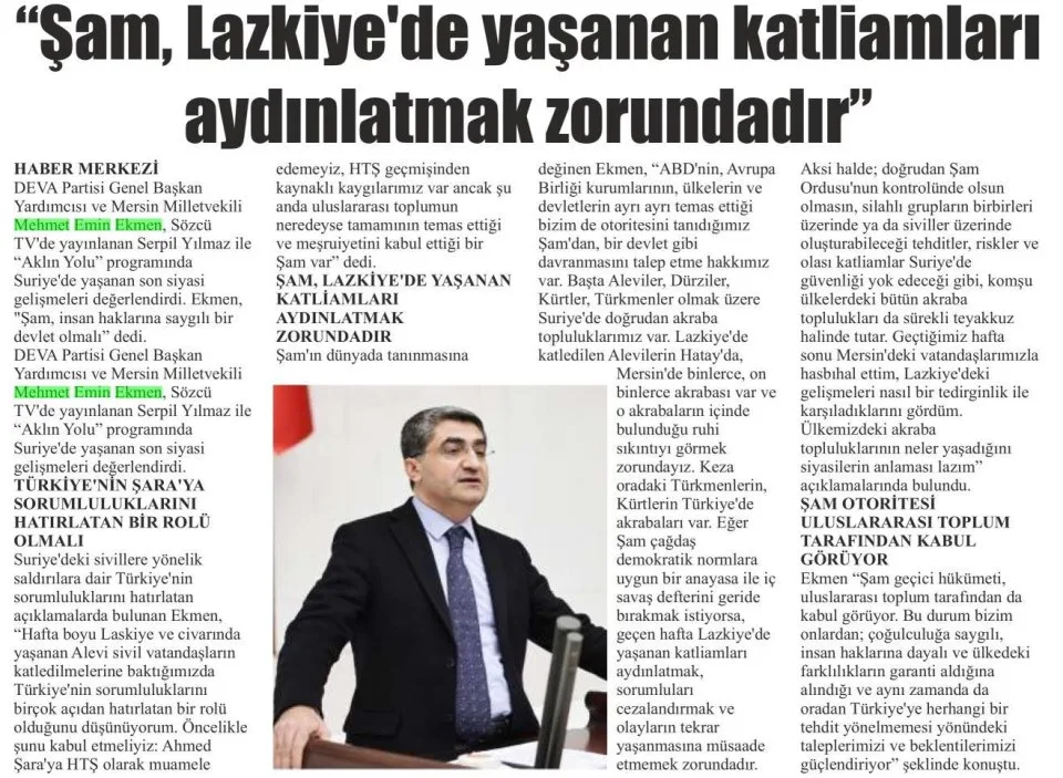 "ŞAM, LAZKİYE'DE YAŞANAN KATLİAMLARI AYDINLATMAK ZORUNDADIR" — gazete kupürü