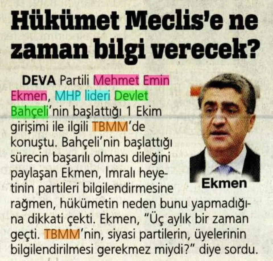 HÜKÜMET MECLİS'E NE ZAMAN BİLGİ VERECEK — gazete kupürü