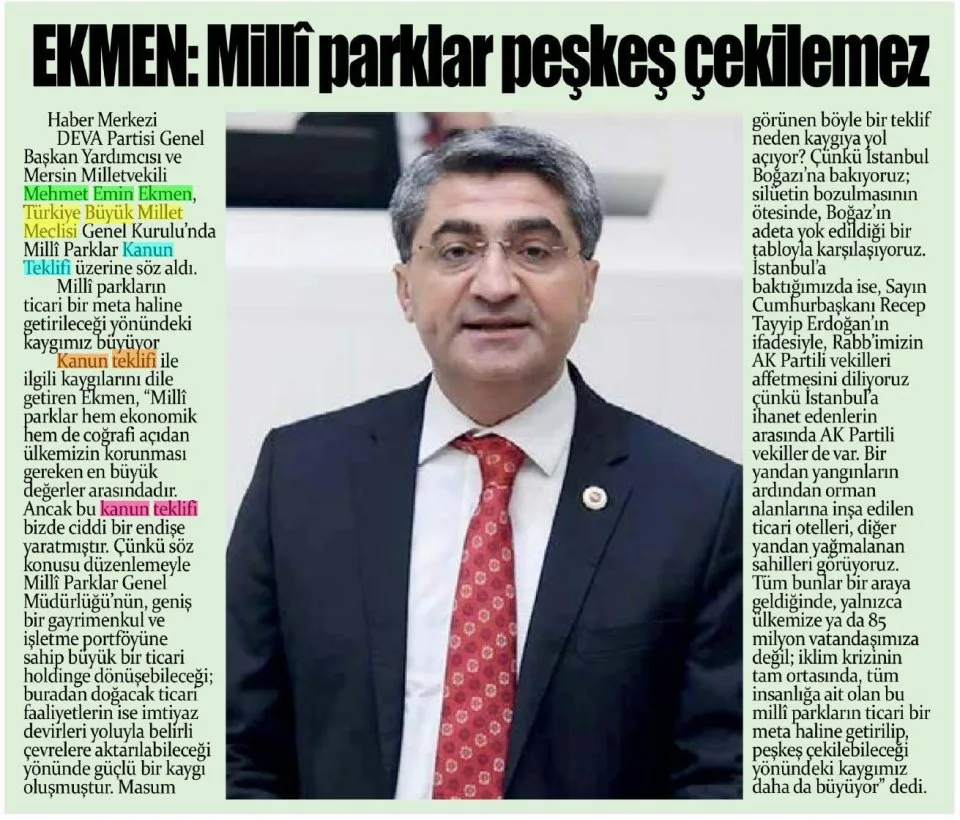 EKMEN: MİLLİ PARKLAR PEŞKEŞ ÇEKİLEMEZ — gazete kupürü