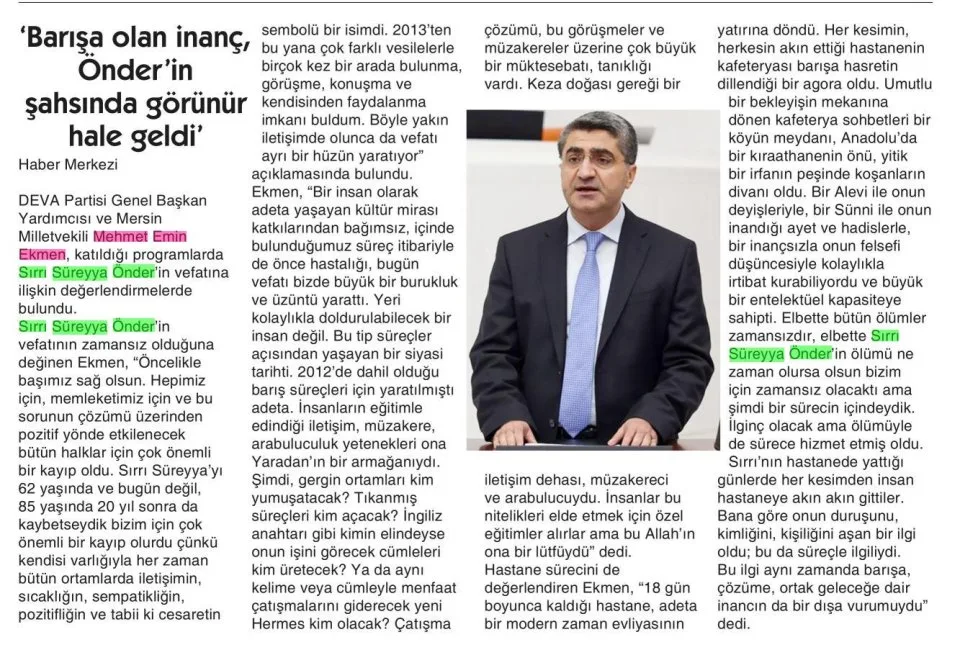 'BARIŞA OLAN İNANÇ, ÖNDERİN ŞAHSINDA GÖRÜNÜR HALE GELDİ' — gazete kupürü
