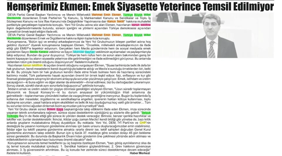 HEMŞERİMİZ EKMEN: EMEK SİYASETTE YETERİNCE TEMSİL EDİLMİYOR — gazete kupürü