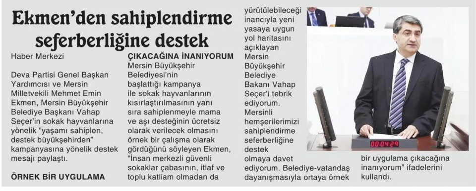 EKMEN'DEN SAHİPLENDİRME SEFERBERLİĞİNE DESTEK — gazete kupürü
