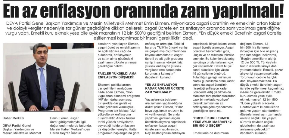 EN AZ ENFLASYON ORANINDA ZAM YAPILMALI! — gazete kupürü