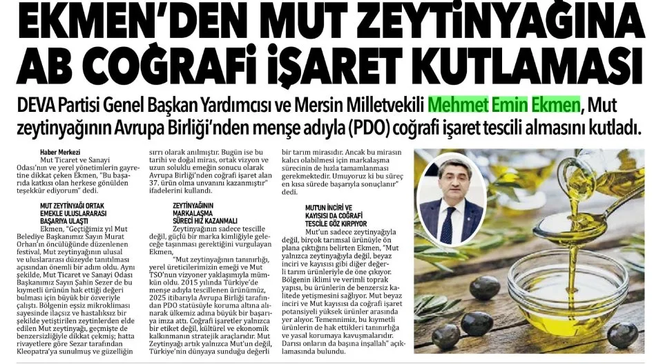 EKMEN'DEN MUT ZEYTİNYAĞINA AB COĞRAFİ İŞARET KUTLAMASI — gazete kupürü