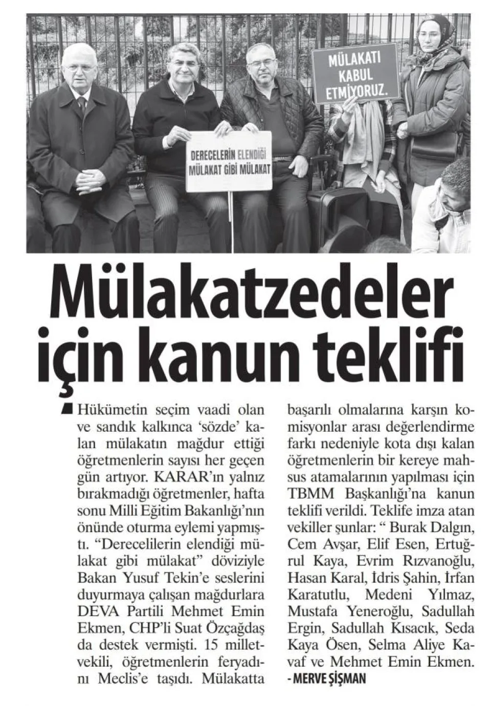 15 MİLLETVEKİLİNDEN MÜLAKAT MAĞDURLARI İÇİN KANUN TEKLİFİ — gazete kupürü