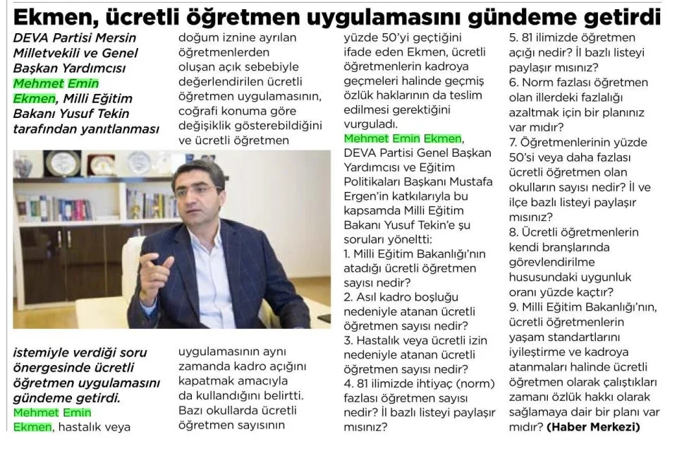 EKMEN, ÜCRETLİ ÖĞRETMEN UYGULAMASINI GÜNDEME GETİRDİ — gazete kupürü