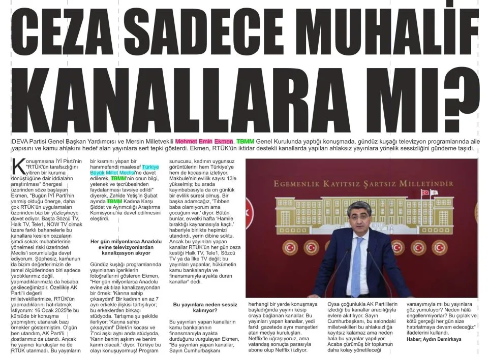 CEZA SADECE MUHALİF KANALLARA MI? — gazete kupürü