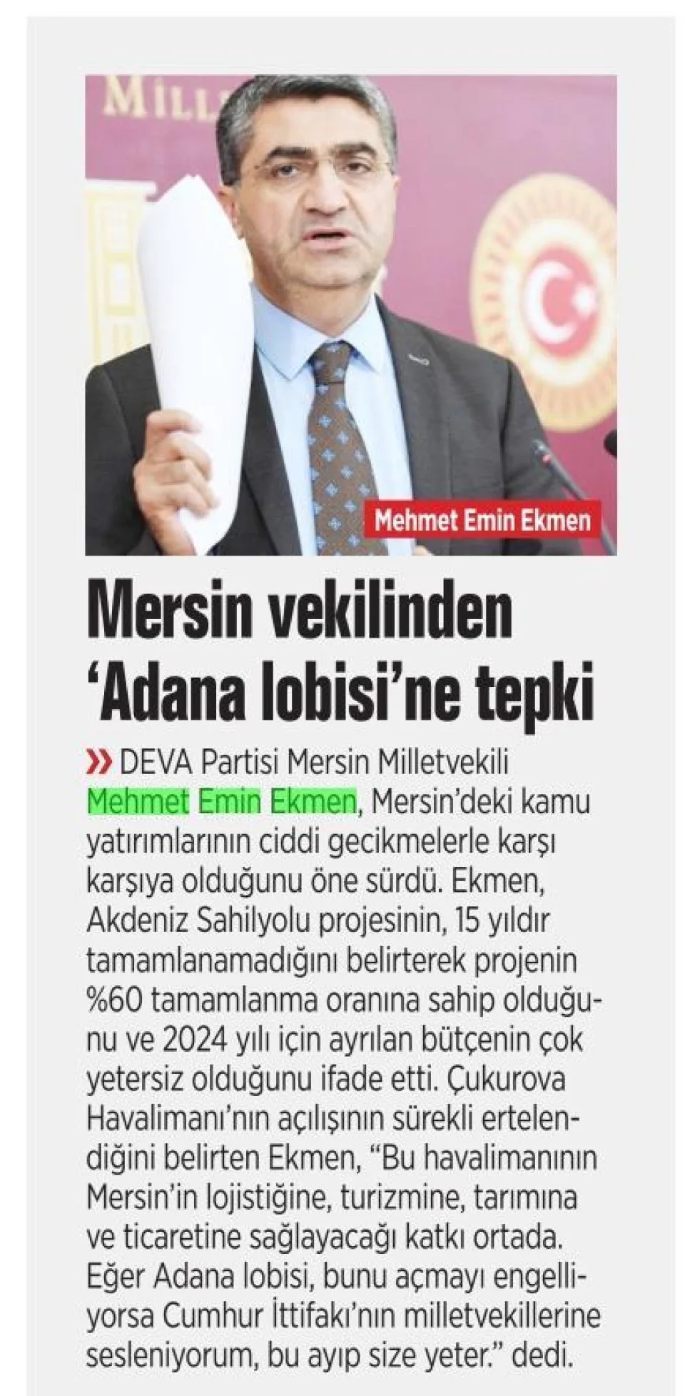 MERSİN VEKİLİNDEN 'ADANA LOBİSİ'NE TEPKİ — gazete kupürü