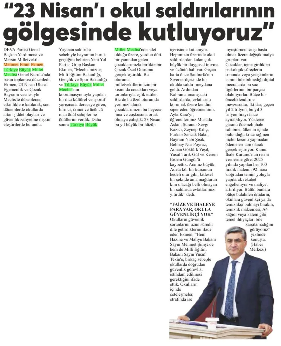 23 NİSAN'IN OKUL SALDIRILARININ GÖLGESİNDE KUTLUYORUZ — gazete kupürü