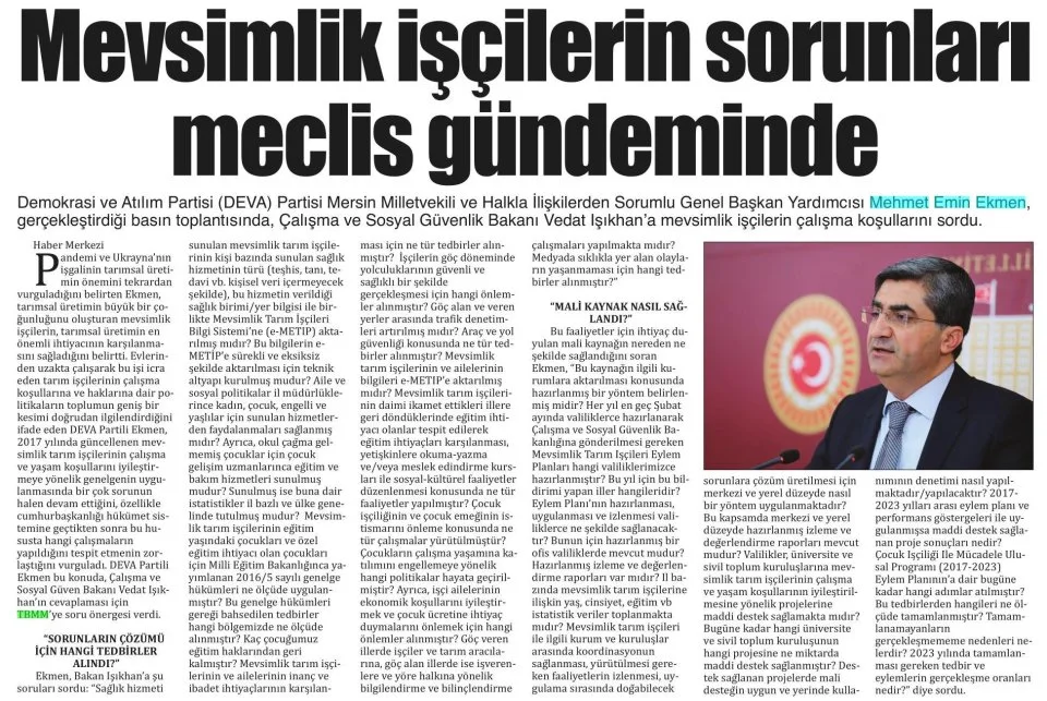 MEVSİMLİK İŞÇİLERİN SORUNLARI MECLİS GÜNDEMİNDE — gazete kupürü