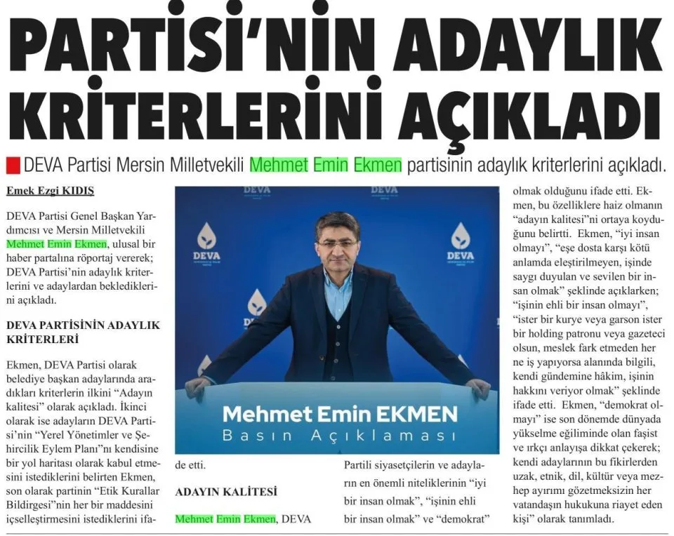 PARTİSİ'NİN ADAYLIK KRİTERLERİNİ AÇIKLADI — gazete kupürü