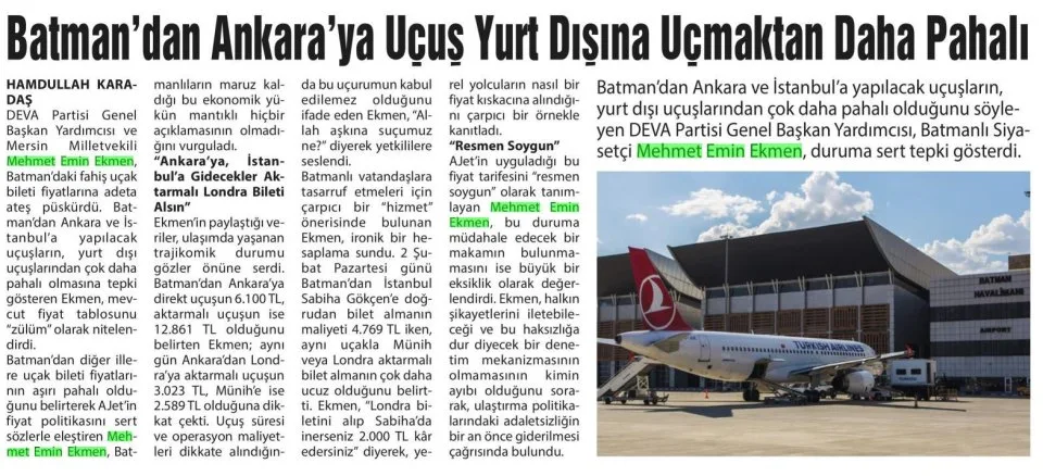 BATMAN'DAN ANKARA'YA UÇUŞ YURT DIŞINA UÇMAKTAN DAHA PAHALI — gazete kupürü