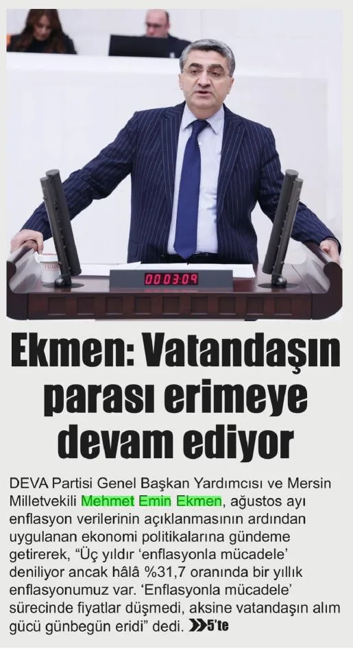 EKMEN: VATANDAŞIN PARASI ERİMEYE DEVAM EDİYOR — gazete kupürü