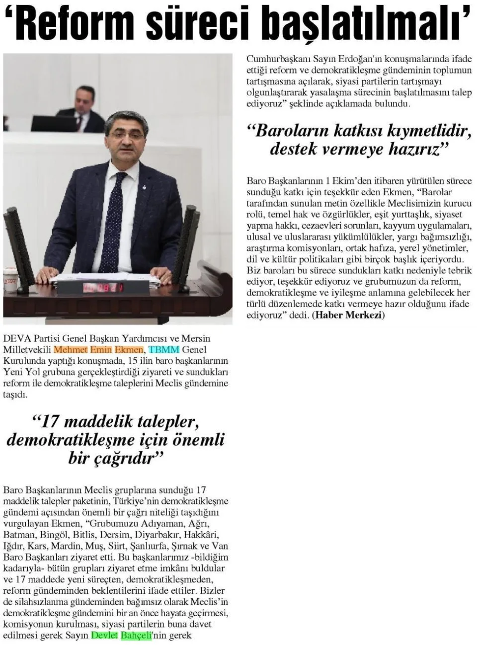 'REFORM SÜRECİ BAŞLATILMALI' — gazete kupürü