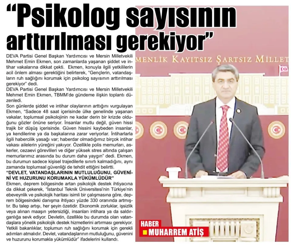 PSİKOLOG SAYISININ ARTTIRILMASI GEREKİYOR — gazete kupürü
