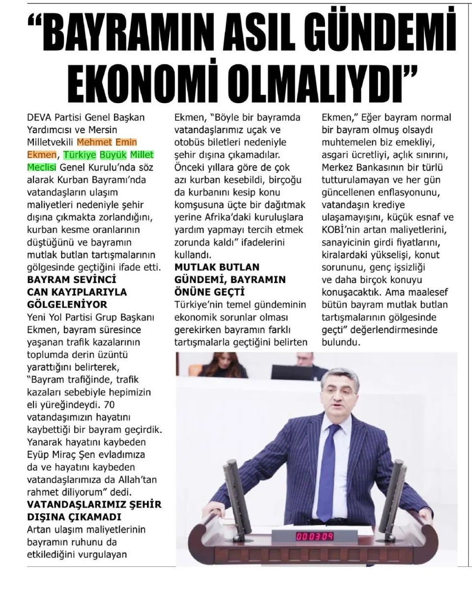 ''BAYRAMIN ASIL GÜNDEMİ EKONOMİ OLMALIYDI" — gazete kupürü