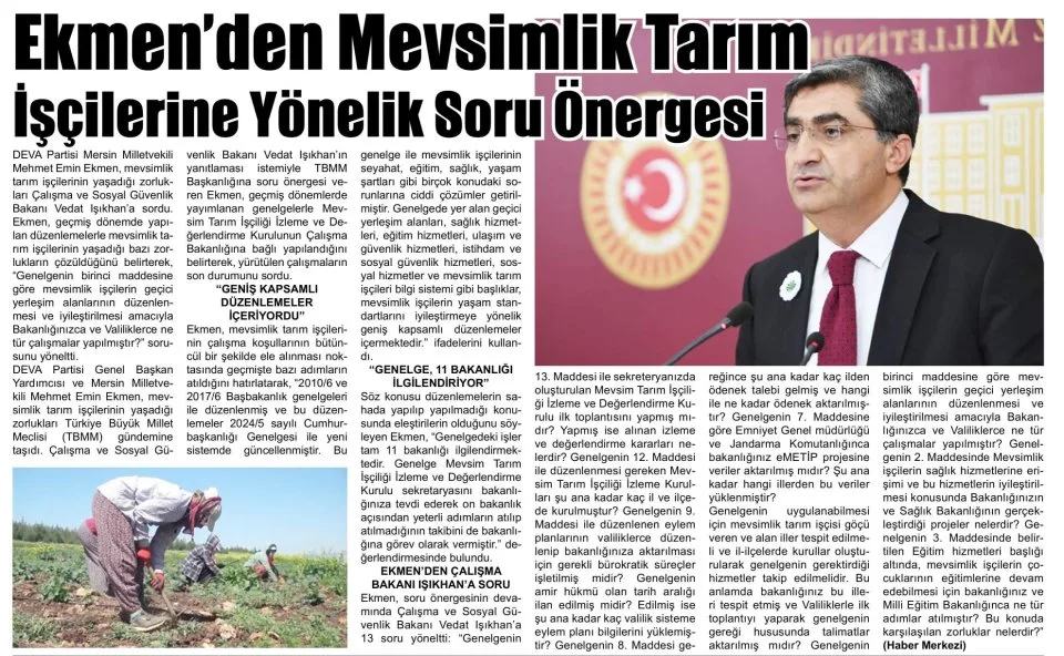 EKMENDEN MEVSİMLİK TARIM İŞÇİLERİNE YÖNELİK SORU ÖNERGESİ — gazete kupürü