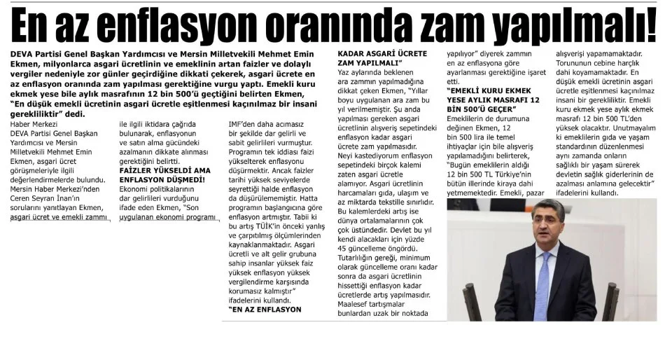 EN AZ ENFLASYON ORANINDA ZAM YAPILMALI! — gazete kupürü