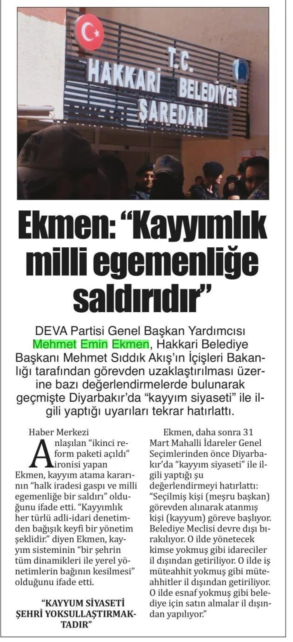 EKMEN: "KAYYIMLIK MİLLİ EGEMENLİĞE SALDIRIDIR" — gazete kupürü