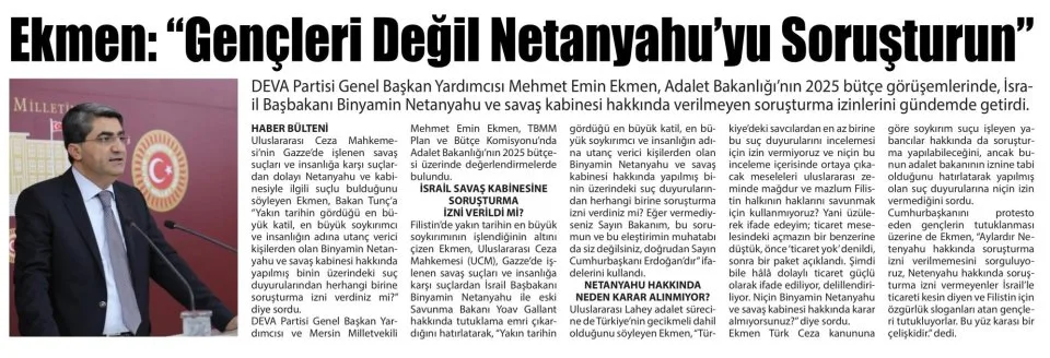 EKMEN: GENÇLERİ DEĞİL NETANYAHUYU SORUŞTURUN — gazete kupürü
