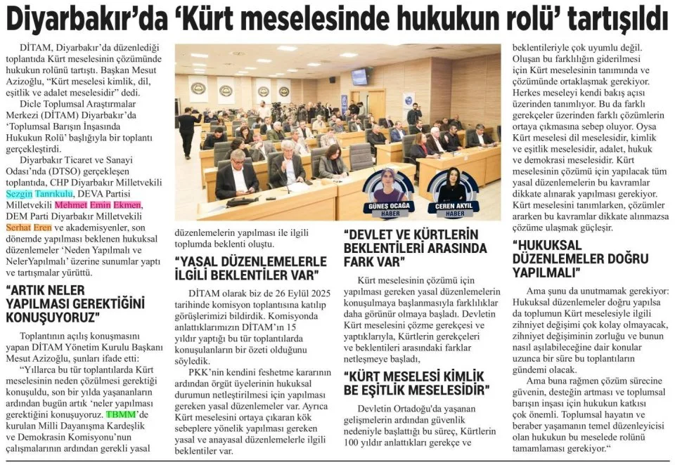DİTAM: KÜRT MESELESİNİN ÇÖZÜMÜ HUKUKTAN GEÇİYOR — gazete kupürü